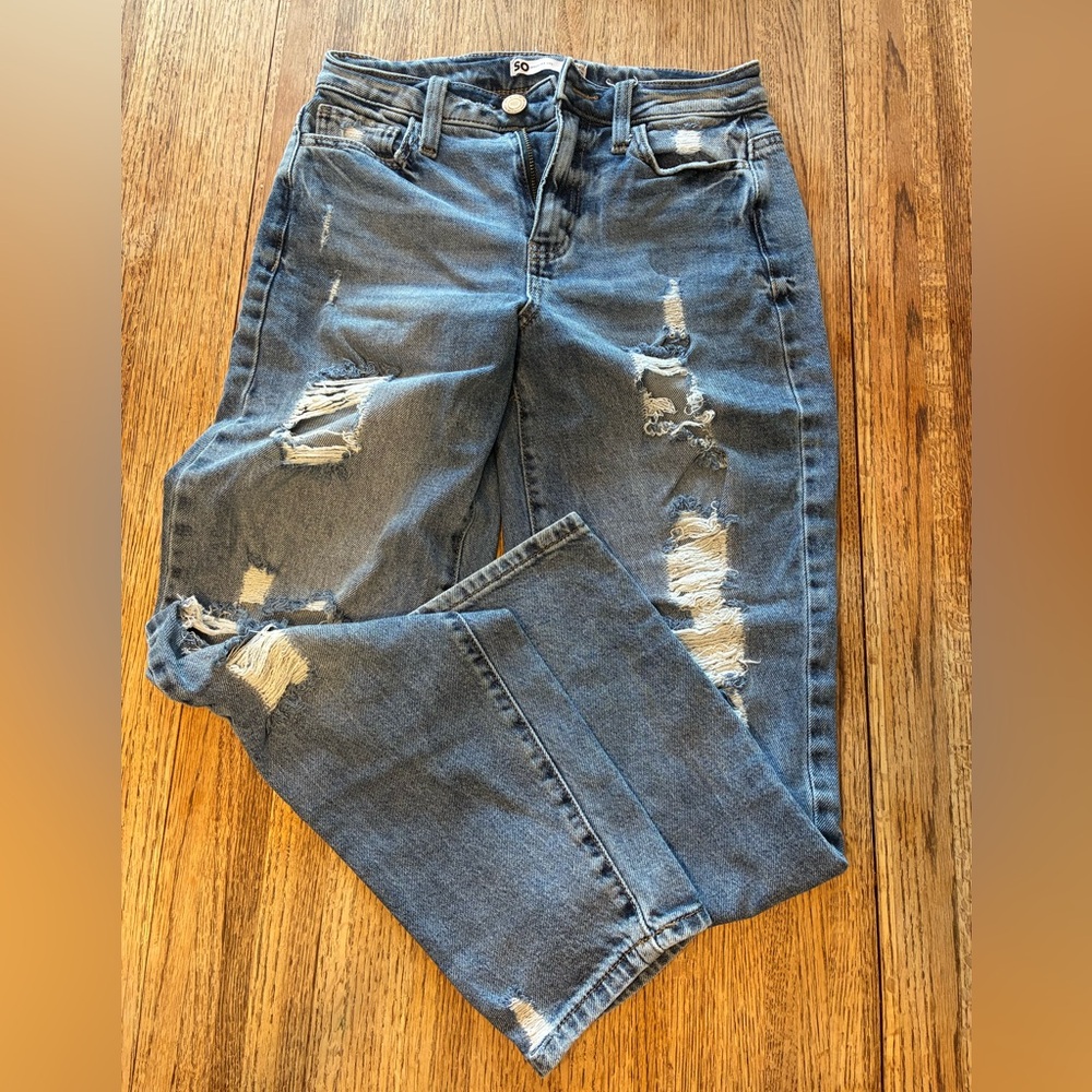 SO Women's Distressed Boyfriend Jeans - Blue